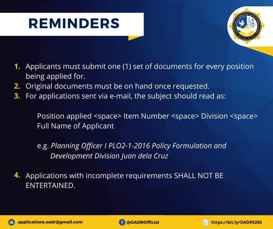 lex_do_this's tweet photo. OADR is hiring!
Deadline: 30 November 2023.
Written exam coverage: RA 9285 and its IRR, ADR, RA 876, 1985 UNCITRAL Model Law, New York Convention on Foreign Arbitral Awards, EO 78 & 97 s. 2012
Please use the link: https://t.co/k21ODNiPru
#OADR #WeAreOADR https://t.co/I9TlJ04El9