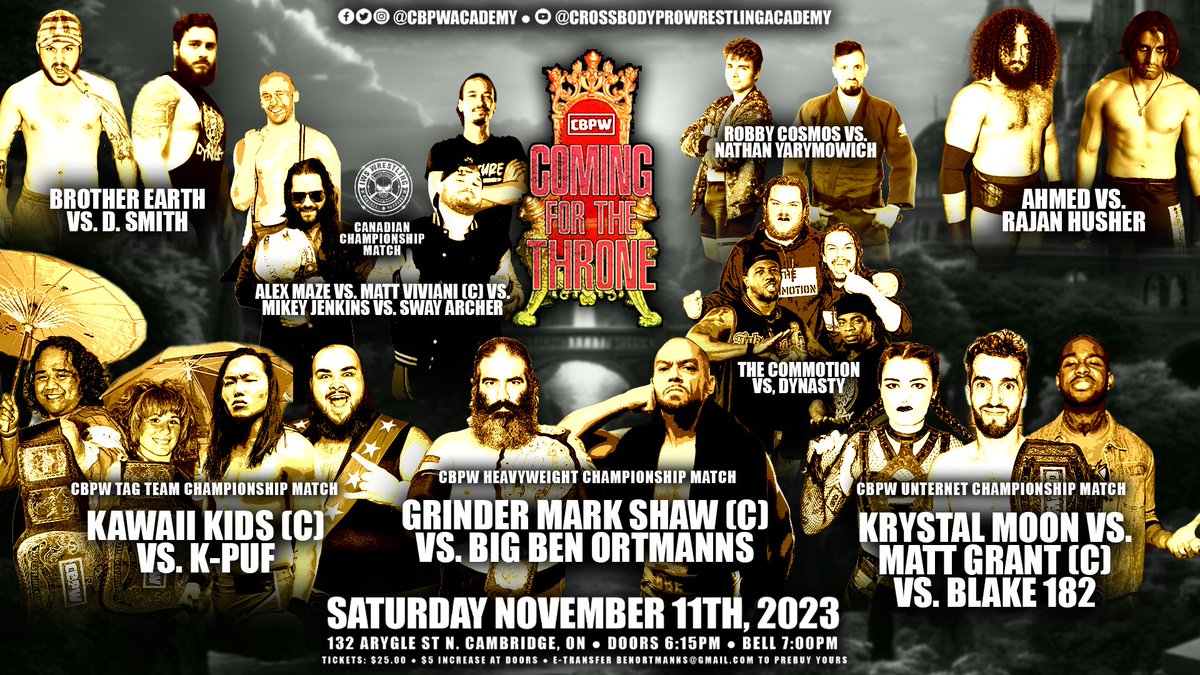 CBPWAcademy's tweet photo. THIS MORNING - 10AM EST
Commentary Team: @itsvedatime & @SpeedballBailey
CBPW Internet Championship:
(C) @m4tthewgrant vs @krystalmoon_pw vs #Blake182
@IWSHardcore Canadian Championship:
(C) @MattViviani91 vs @TheAlexMaze vs @MikeyJenkinsPW
AND MORE!
https://t.co/VxTt454trV https://t.co/c0INTdEhvd