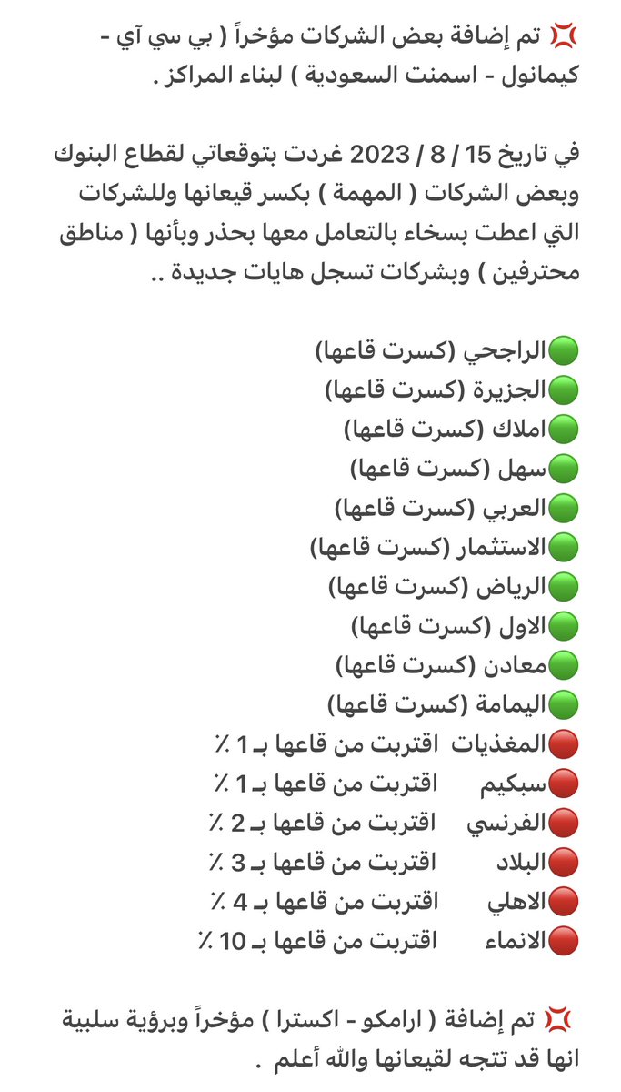 ShaherAlserhani's tweet photo. إذا اكتملت (14 تدبيلة) في الشركات الـ 18 من أسعارها في (تاريخ التغريدتين) من وقت بناء المراكز والتي تحدثت عنها كثيراً في المساحات وكنت حريص على أن لا يضغط السوق على ملاك الشركات الجيدة فيتخذون قرارات خاطئة ..
( قد نعود بعدها للتواجد اذا كان الجو العام في المساحات أيجابي وصحي )

🔴 مع التوضيح ان مناطق اغلب الشركات المذكورة حالياً ليست لبناء المراكز ابداً ( المخاطر ارتفعت عن مستواها عندما كانت بالقرب من قيعانها ) ..

للفترة القادمة :
💢هل يكون هناك قمم جديدة لبعض الشركات وهل تكون هناك قيعان جديدة للبعض الآخر في الفترة القادمة ؟ 
والله أعلم 🤷🏻‍♂️

💢هل لدينا عطاءات بهايات جديدة لبعض الشركات في الفترة القادمة ؟
والله أعلم 🤷🏻‍♂️

🚨للتنوية :
ــ كل ما كتبته سابقاً "توقعات" تصيب وتخطئ ..
ــ استفدت كثيراً من الطرح الغزير والعلم الوفير لدى الكثير من القامات والاساتذة في تويتر وهم المكسب الحقيقي واقتطفنا القليل مما في جعبتهم ..
ــ الطرح ليس للإستعراض ( فالتوفيق بيد الله وحده ) ولمن تابعني في بناء المراكز مع التركيز بأنني لا أدير المحافظ ولا ابيع (التوقعات) ..

والله من وراء القصد ..
دمتم في رعاية الله وحفطه  🌷🌷