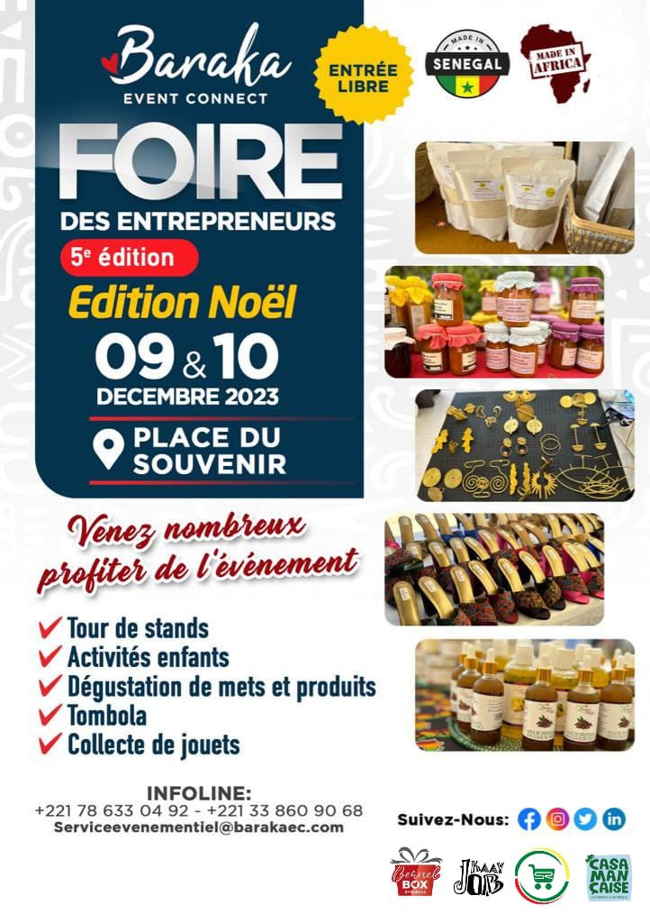BarakaEvent's tweet image. Entrée libre et gratuite !

Venez nombreux préparer Noël avec les entrepreneurs du made in Sénégal et du made in Africa sur l’esplanade de la Place du Souvenir Africain les 9 et 10 décembre 2023 de 09h à 21h. 

Un événement à ne surtout pas manquer !