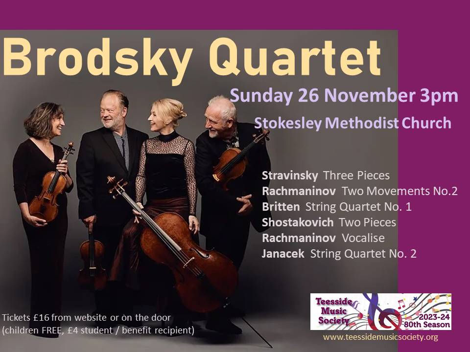 Excitement levels are at boiling point: The Brodsky Quartet are now at Stokesley Methodist Church preparing for their concert starting at 3pm (Sun 26 Nov). Tickets still available from teessidemusicsociety.org or on the door