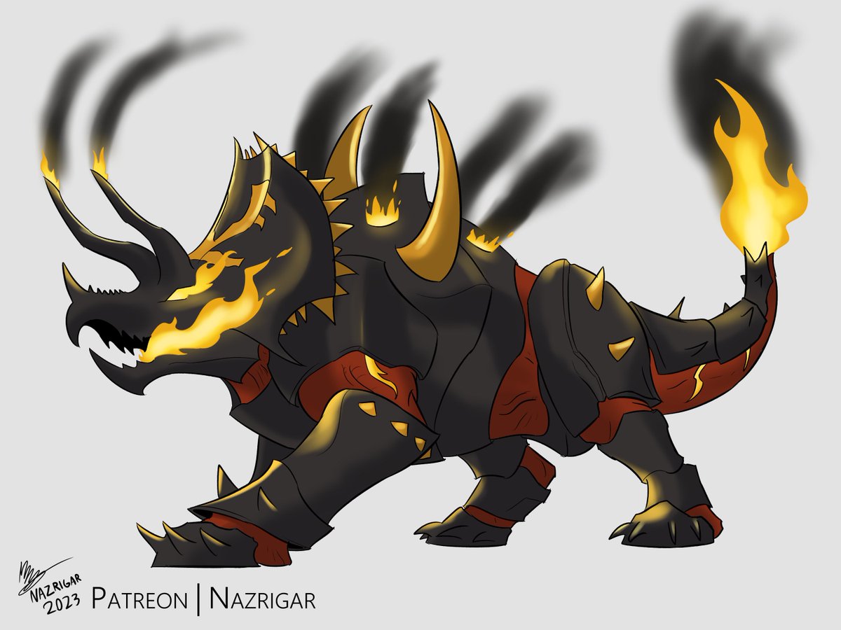 Welp... thanks to the response, I thought I might explore more minor Chaos Gods influencing dinosaurs. This one's a Triceratops of Hashut.

A mesh of flesh and metal, it feeds on the very earth itself, and the ashes of what it burns.

#dinovember2023 #dinovember #warhammer40k