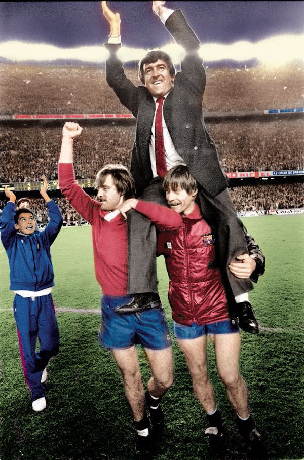 HLTCO's tweet image. Pep Guardiola (left) looks up at Terry Venables after he led Barcelona to the 1986 European Cup Final following a penalty victory over Gothenburg having started the game 3-0 down.

The word legend gets thrown around a lot these days but Venables is fully deserving of the tag.