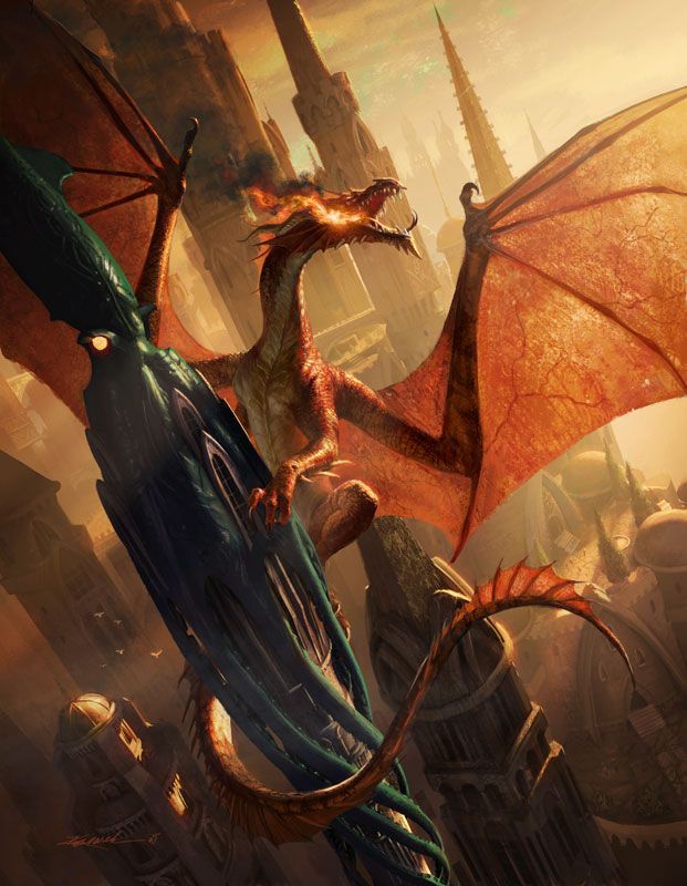 A red dragon in Sharn.

📖: Dragons: Worlds Afire: "Principles of Fire" by <a href="/HellcowKeith/">Keith Baker</a>
🎨: <a href="/MichaelKomarck/">Michael Komarck</a>

#Eberron #DungeonsAndDragons #DnD
eberron.fandom.com/wiki/Dragons:_…