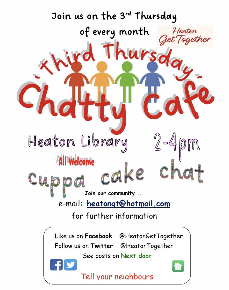 HeatonTogether's tweet photo. ‘Third Thursday’ is our monthly catch up. Come &amp; join the conversation x
Growing our community one cuppa at a time 🫶🏼
Join us for a 
cuppa☕️
Cake🍰 
Chat💬
2-4pm
We are very friendly! 
ALL WELCOME x https://t.co/xbd3kA4J0S