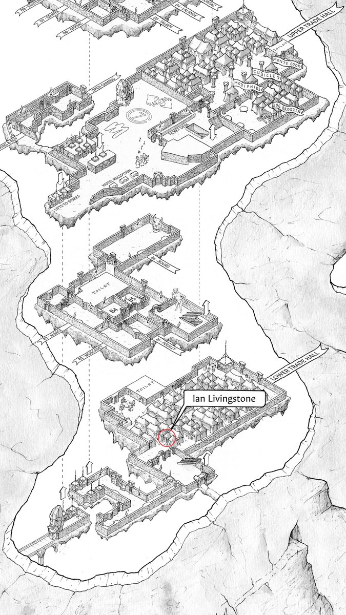 ian_livingstone's tweet photo. I will be attending @Dragonmeet on Saturday signing Dice Men and @fightingfantasy books at my stand but only until 2pm. There will be some copies on sale. My stand is in the Lower Trade Hall at the Novotel located on this fantastic map drawn by @jogbrogzin https://t.co/PjCxgtYu4B