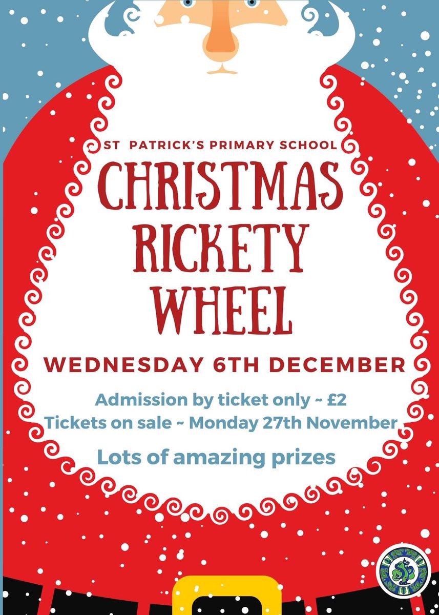 🎄Tickets for our Christmas Rickety Wheel will go on sale on Mon 27th Nov from the school office. 
🎄Tickets are £2 per person. Everyone (adults and children) needs to purchase a ticket to enter the hall on Wed 6th Dec at 7:00pm. All children must be accompanied by an adult.