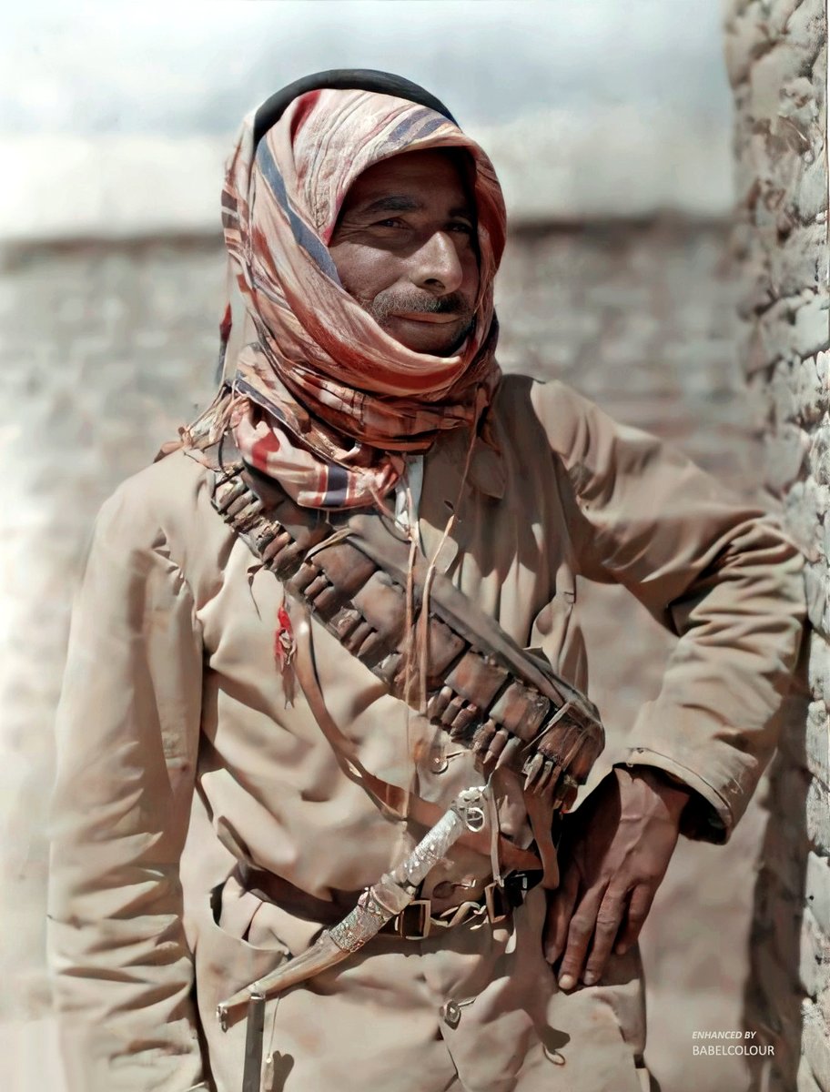 Photographed at Wadi Mousa in Arabia (now Jordan) on Saturday 23rd March 1918, this autochrome portrait depicts one of the the Ordnance Corps of the Arab Northern Army's French Detachment under Captain Rosario Pisani (1880-1952). It was taken in colour and isn't colourised.