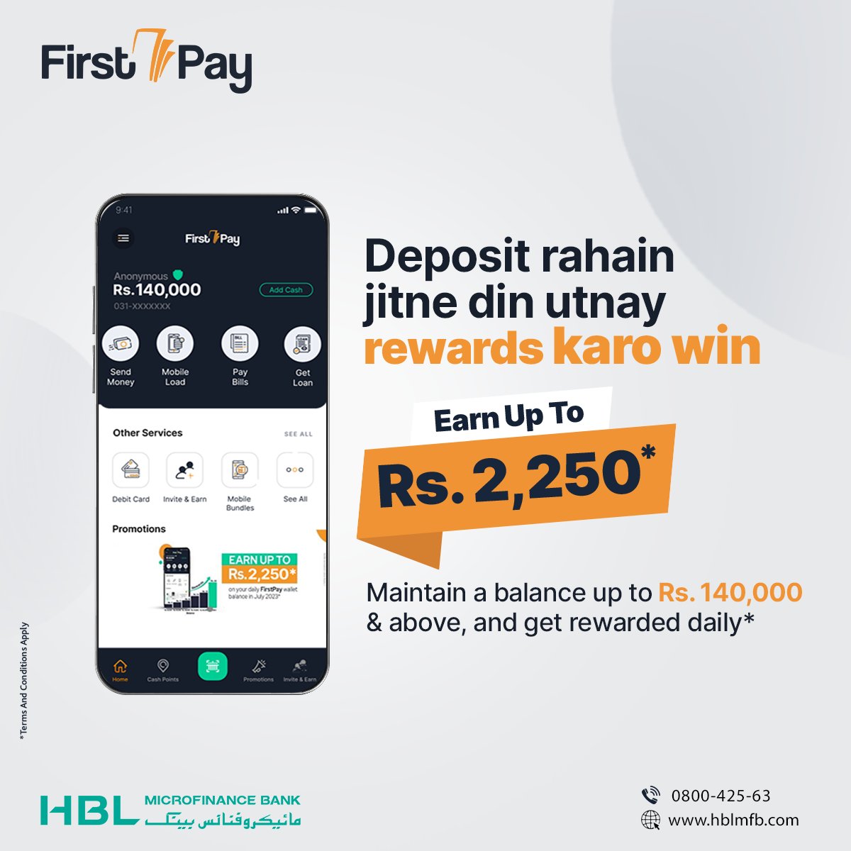 HBLMfBDigital's tweet photo. Earning rewards was never this easy!
Maintain a balance up to Rs. 140,000 on your FirstPay wallet and earn Rs. 2,250* on monthly basis.
Download Now:
https://t.co/Il8A67MjOL
*T&Cs Apply:
https://t.co/ShxXKZ6O1c
#FirstPay #FirstPayMobileWallet #Cashback #Rewards #FirstPayProfit https://t.co/8hgbgfEHIF