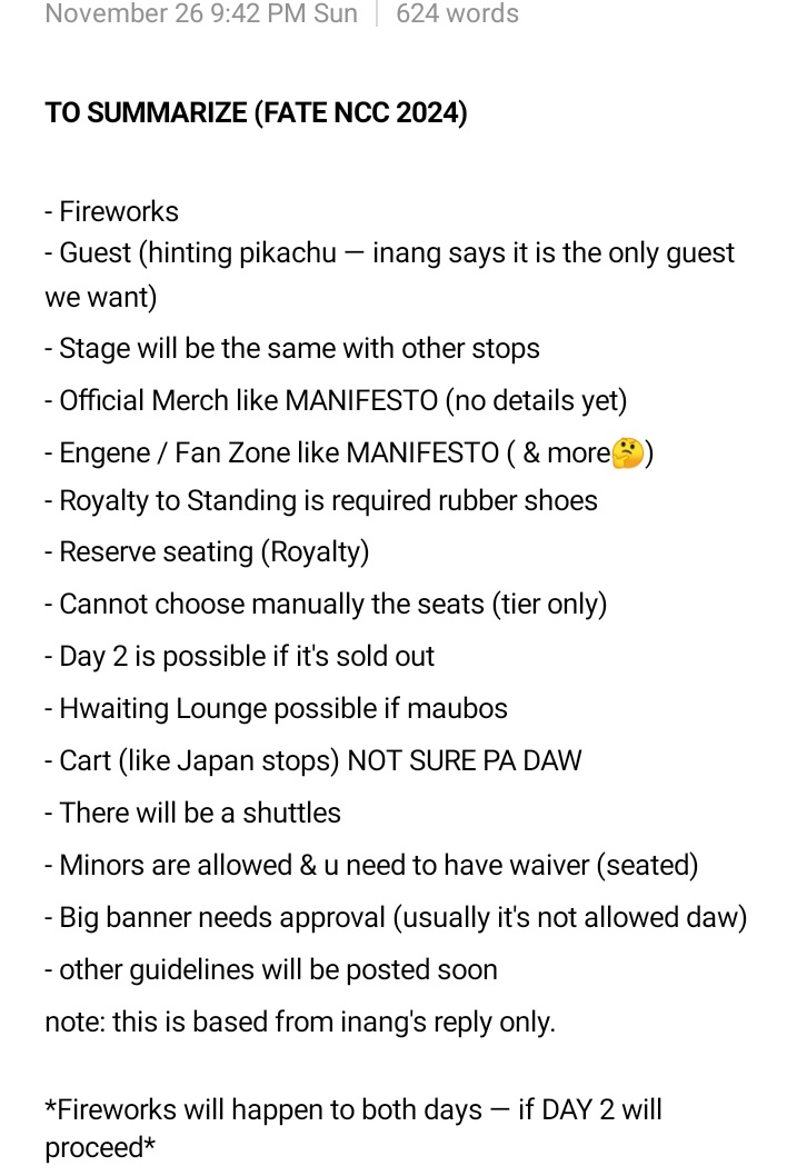 everksn's tweet photo. ALL INFORMATION REGARDING FATE NCC 2024 (summary)

note: this is from inang's reply based on the question/inquiry of engenes

may we all secured our desired tickets🙏 https://t.co/6HdouwQ9RV
