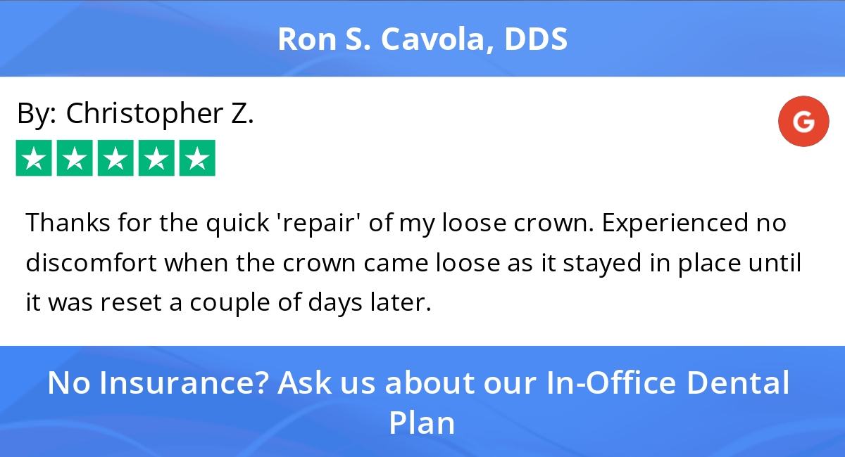 RonCavola's tweet photo. 5 Star: Christopher Z. "Thanks for the quick "repair" of my loose crown.  Experienced..." https://t.co/sS5N5HPwxg https://t.co/SgeRfZdmnJ