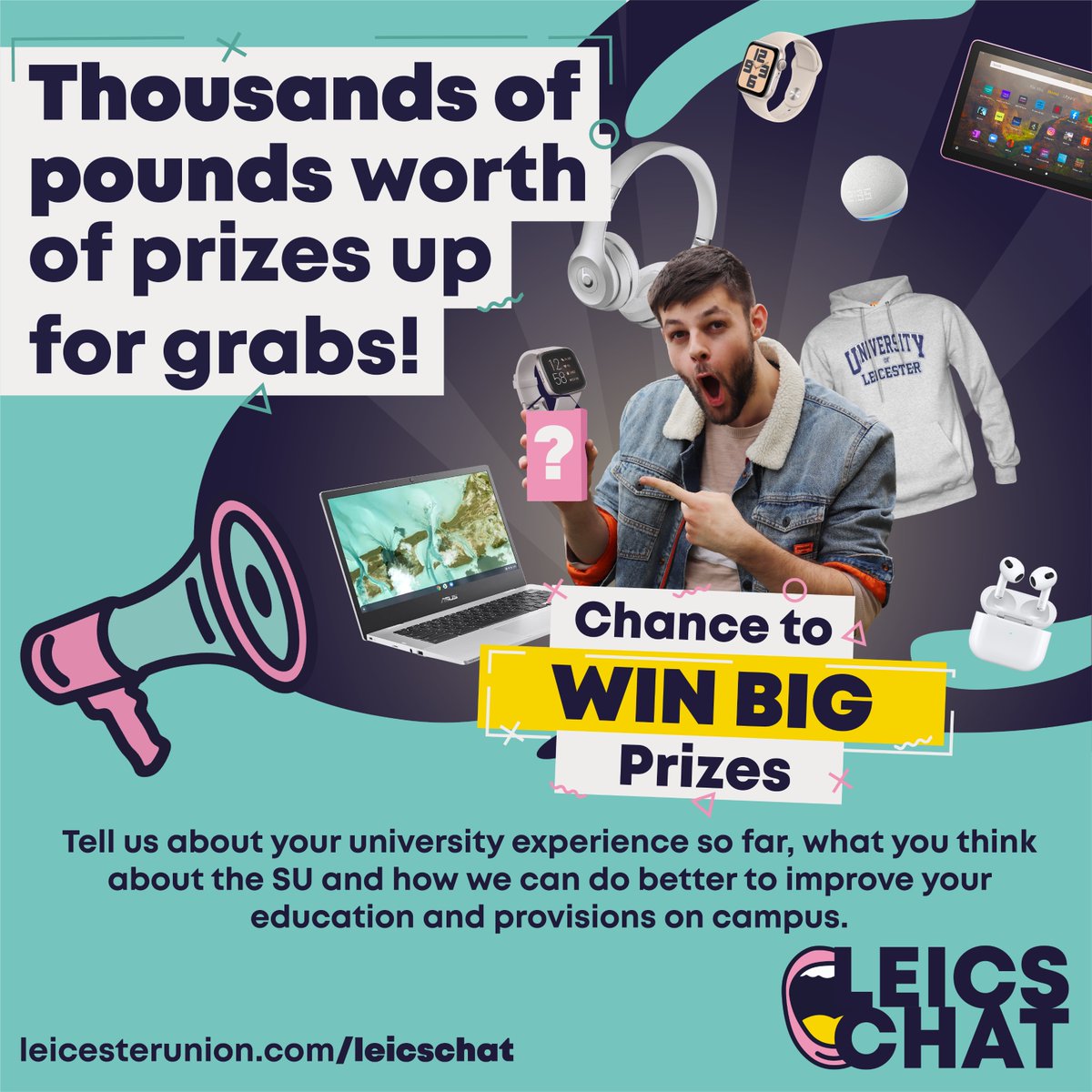 ✨Do you want the chance to WIN BIG this semester? ✨ Our LeicsChat survey is launching tomorrow 👀 This is your chance to give us your feedback! Fill out the survey here: bit.ly/47qkHfc and be automatically entered into our DAILY prize draw!