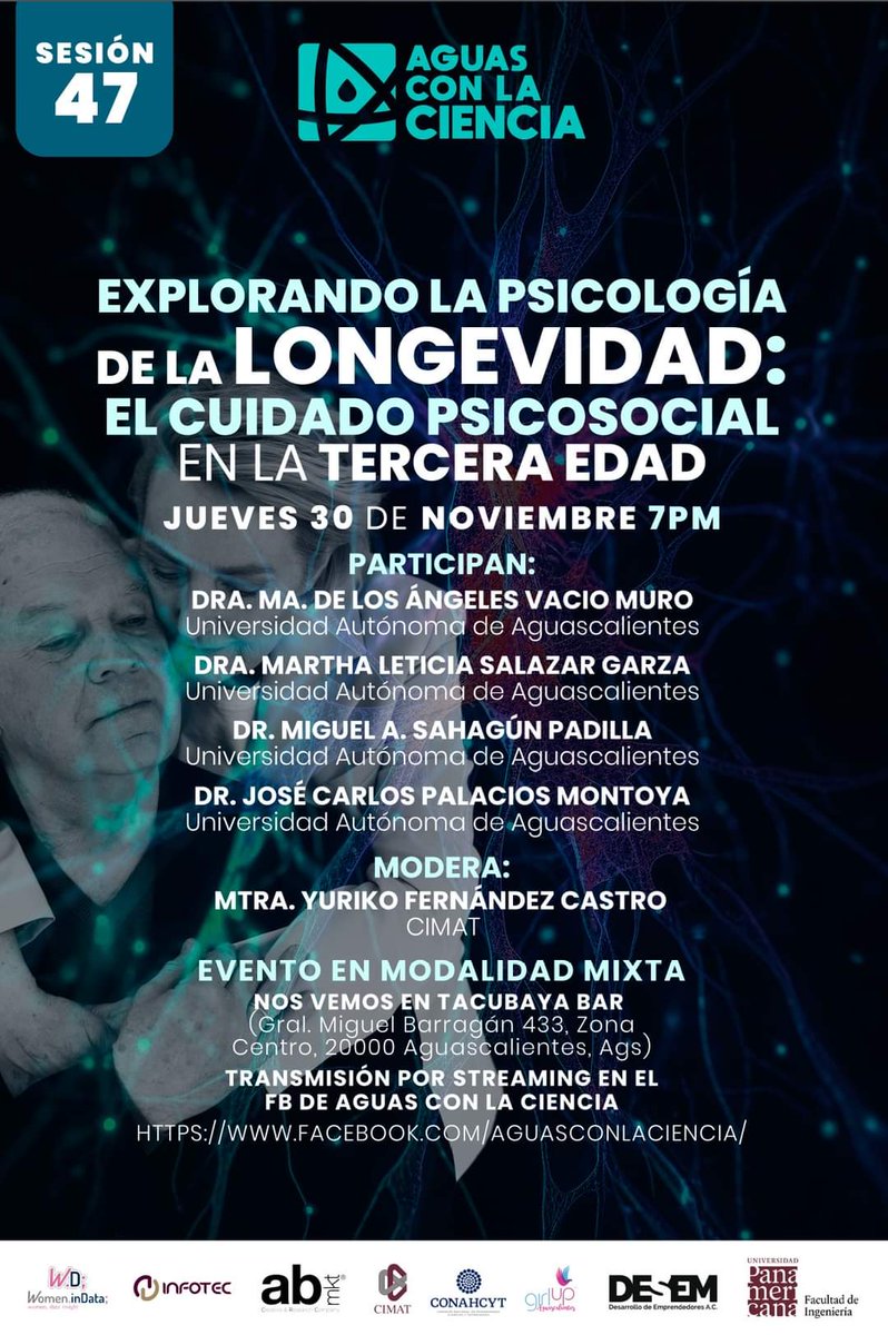 📢 Los invitamos a una nueva sesión de Aguas con la ciencia, con el tema "Explorando la psicología de la longevidad: el cuidado psicosocial en la tercera edad".

📅30 de noviembre 
⏰19:00 h (Tiempo de CDMX) 
🎟️Modalidad mixta. 
Transmisión en vivo en facebook.com/aguasconlacien…