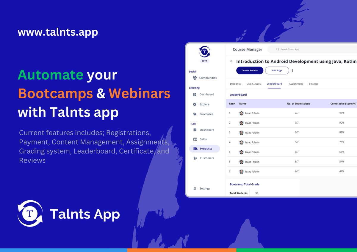 Hi everyone 👋 if you know anyone running a bootcamp or a webinar, kindly tag them in this post. 

<a href="/talntsapp/">Talnts App</a> is in beta and we're helping creators automate their bootcamp and webinar experiences. 

Read on for the current features ↓