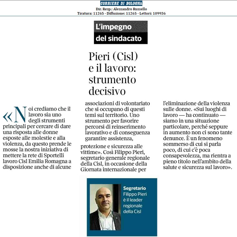 #Violenzacontroledonne <a href="/filippopieri/">Filippo Pieri</a> sul #corrieredibologna: 🗣️#lavoro strumento decisivo per dare risposte, per questo, per favorire il reinserimento lavorativo, abbiamo deciso di mettere a disposizione di alcune associazioni di volontariato la rete dei nostri Sportelli lavoro