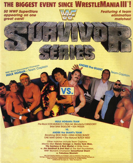 11/26/1987

Team Andre defeated Team Hogan at Survivor Series from the Richfield Coliseum in Richfield, Ohio.

#WWF #WWE #SurvivorSeries #AndreTheGiant #RickRude #KingKongBundy #OneManGang #ButchReed #HulkHogan #DonMuraco #PaulOrndorff #BamBamBigelow #KenPatera