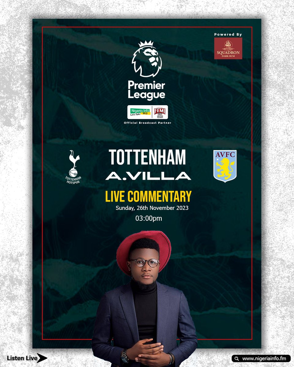 NigeriainfoFM's tweet photo. Fourth hosts fifth in an intriguing Premier League contest on Sunday afternoon, as a decimated and declining Tottenham Hotspur welcome Aston Villa to North London.

What is your prediction?
Listen here: https://t.co/htxNwMvXXm
🎙️@devoyceoflagos
 
#FATGlive #TOTAVL #TalkSPORTLive https://t.co/zwF612vJPA