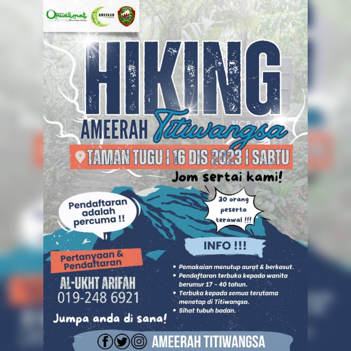 ATitiwangsa's tweet photo. ⛰️ *HIKING AMEERAH &amp; BRIGED TITIWANGSA* ⛰️

Anda wanita muda yang menetap di Kawasan Titiwangsa?🧕🏻

Suka kan aktiviti lasak, pendakian dan pencinta alam? 🌎

Jom bersama kami. Kita terokai keindahan dan lakukan aktiviti pendakian di  Taman Tugu Negara. Ayuh ! https://t.co/Dn7G9XP9HM
