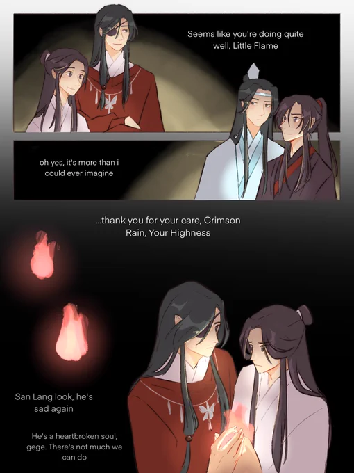 AU where wei wuxian's shattered soul wandered into ghost city as a weak little flame and met hualian (and reunited again)#mdzs #tgcf 