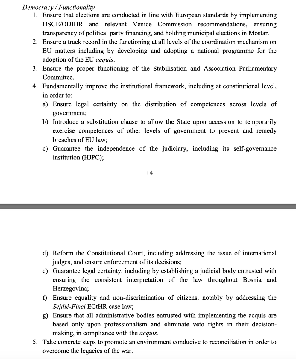 adicerimagic's tweet photo. Take #step1 on adoption of the integrity amendments in the existing Law on High #Judicial and #Prosecutorial #Council.
The Commission November 2023 report noted that "the Parliament adopted integrity amendments to the HJPC Law in September 2023." But with "changes compared to the version on which the Venice Commission was consulted." And therefore, the Commission concluded that adopted amendments "need to be amended," again.
Although as its #step2 the Commission expects ๐ง๐ฆ to adopt a completely new Law on the HJPC.
So in October 2022 the Commission said to ๐ง๐ฆ to focus on amendments to the existing law, and on completely new law. In November 2023, it told them to focus on amendments to amendments, and completely new law.
But more importantly, signal from Brussels and key EU member states was & is: even if/once ๐ง๐ฆ makes enough progress on 9 steps (as ๐บ๐ฆ๐ฒ๐ฉ of 50%+), it would not be enough for the unconditional recommendation or start accession talks since ๐ง๐ฆ is expected to implement also its 14 key priorities from 2019 (see below).
Why? Because it is more confusing, takes more time & efforts... but sadly more importantly: because Commission & key member states feel they can treat ๐ง๐ฆ unfairly and only few would care.
The result is clear: less reforms & weaker ๐ช๐บ in ๐ง๐ฆ.