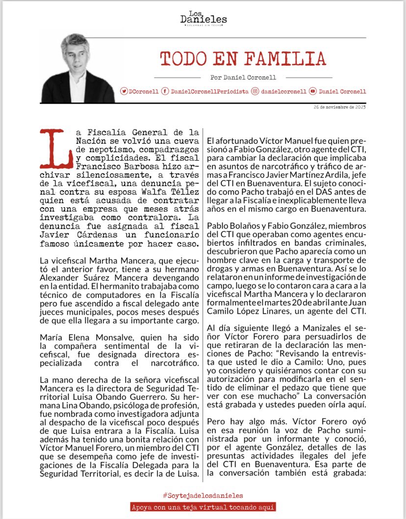 sofialopezr06's tweet photo. “Cueva de nepotismo, compadrazgos y complicidades” #TodoEnFamilia @DCoronell 
Indiscutiblemente, hay que leer. https://t.co/EUdCBUgBqJ