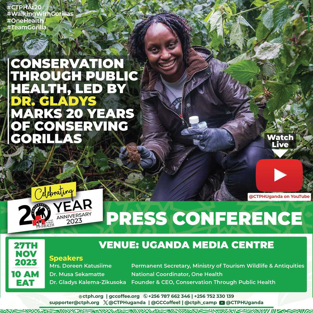 Join us this Monday 27TH NOV 2023 at 10 AM EAT on all our social media platforms and our YouTube Channel youtube.com/@CTPHUganda as we hold the #CTPHAt20 Press Conference live from @UgandaMediaCent. #CTPHAt20 #OneHealth #WalkingWithGorillas #TeamGorilla