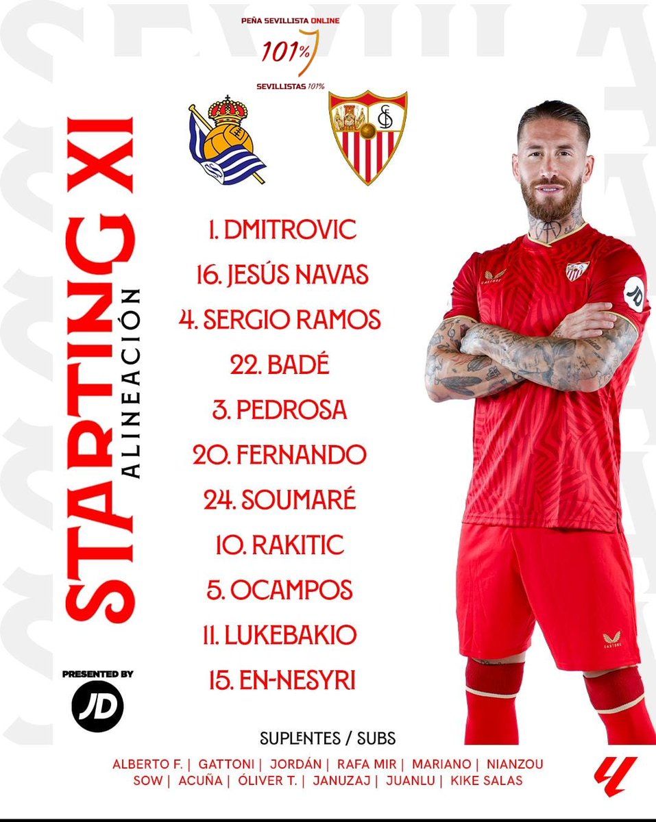 Sevillistas101's tweet photo. 11 inicial para el partido de esta tarde @RealSociedad 🆚 @SevillaFC 

#La101 #WeAreSevilla https://t.co/cSG8vRSgo6