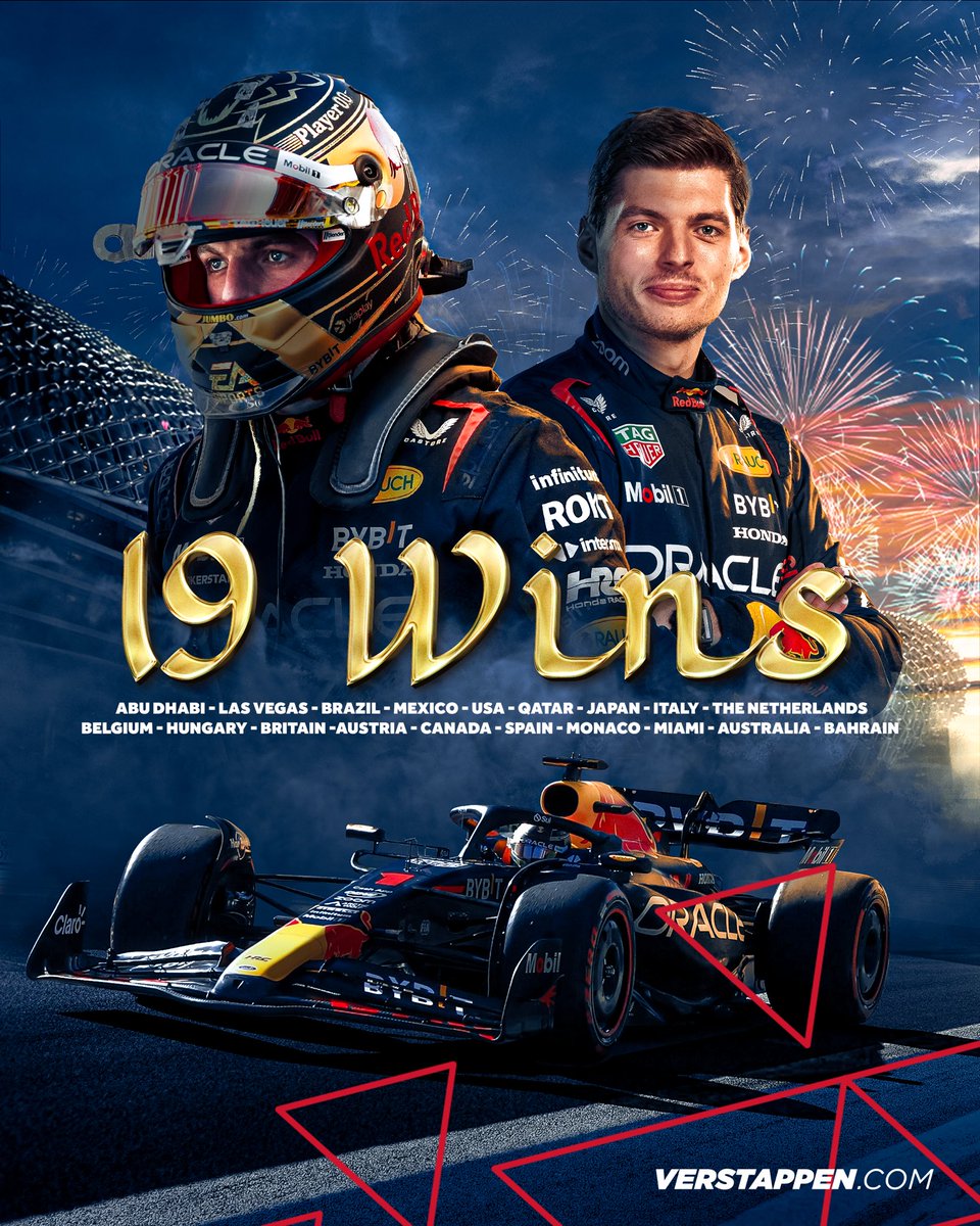 VerstappenCOM's tweet photo. 𝟏𝟗 𝐖𝐈𝐍𝐒 𝐈𝐍 𝟐𝟎𝟐𝟑! 🎉😳

Max’ 𝐑𝐄𝐂𝐎𝐑𝐃-𝐁𝐑𝐄𝐀𝐊𝐈𝐍𝐆 season ends on a high, with the win at the Yas Marina Circuit! 🎇😍

#AbuDhabiGP https://t.co/7vPejikzXN