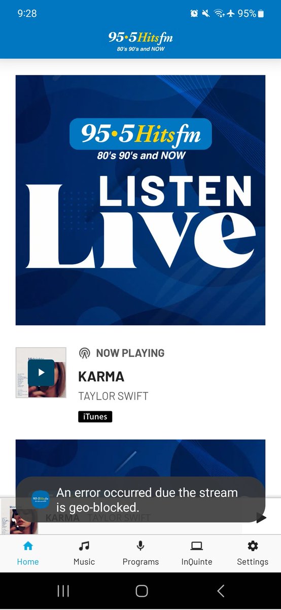 AdaClif's tweet photo. @955hitsfm yay, radio OTA is working! 💪 The app is not working though. Just wanted you to know.  Says it's geoblocked. 😆 I'm with Cogeco and no VPN. Here's a screen shot, attached. https://t.co/DeEUBILOYB