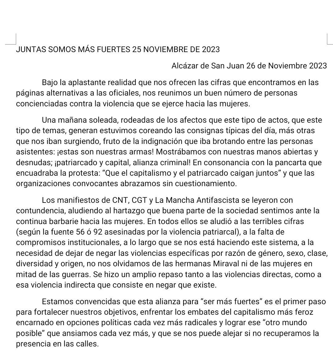 SovCgt's tweet photo. JUNTAS SOMOS MÁS FUERTES 
25 NOVIEMBRE DE 2023
Alcázar de San Juan
@MujeresCgt_Madr 
@RojoyNegro_CGT 
@cgt https://t.co/AT9jqKExv7