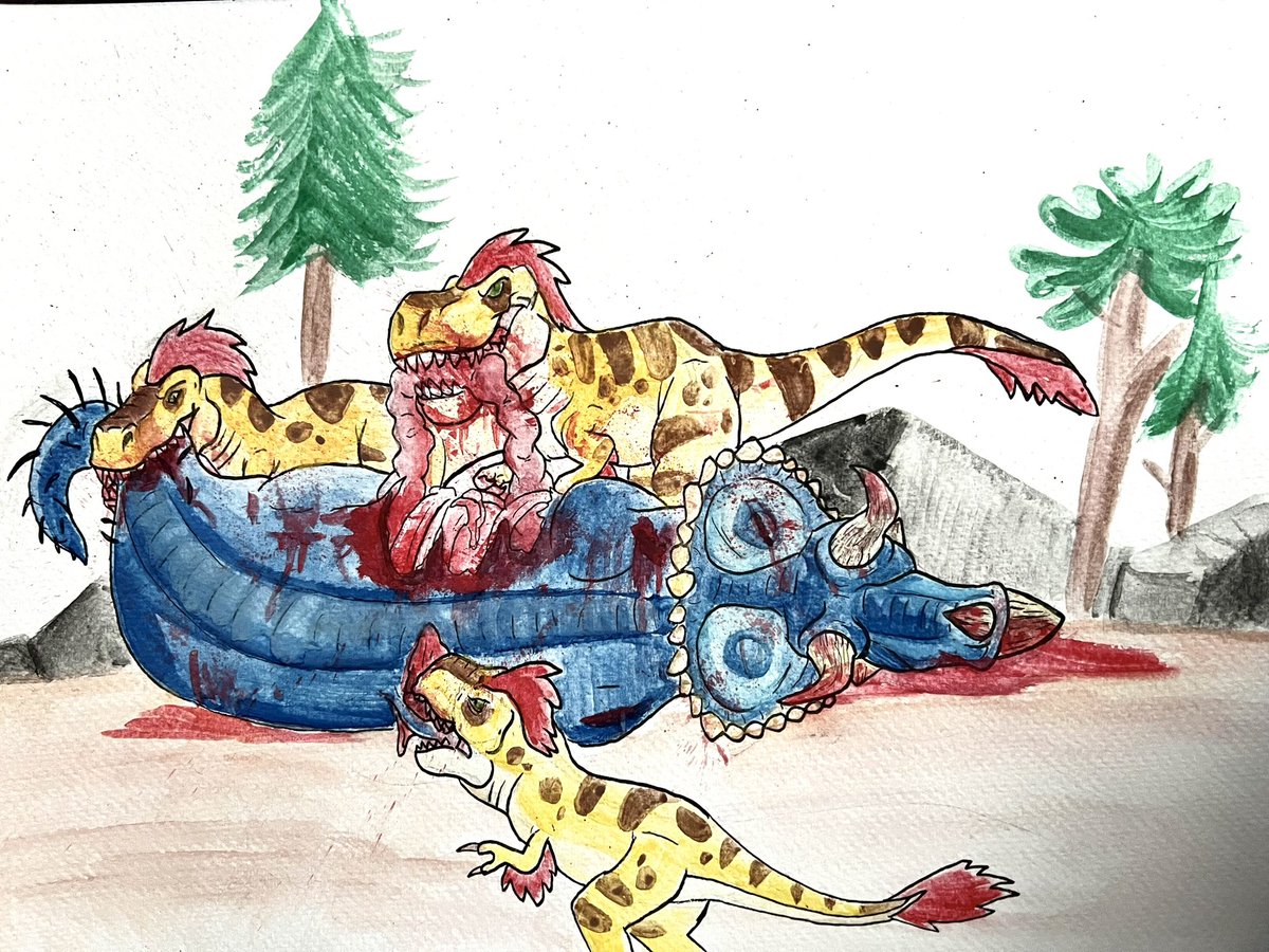Tomjarobz93's tweet photo. For the #inktober52prompt ‘Feast’, did a T. Rex pack killing a Triceratops.
#drawing #inktober #illustration #watercolour #tyrannosaurusrex #dinosaur #triceratops #kill #inktoberfeast #feast #hunt #dinosaurkill #blook #carcass #violence #cretaceous #therapod #meat #thanksgiving https://t.co/8qi72VX4mP