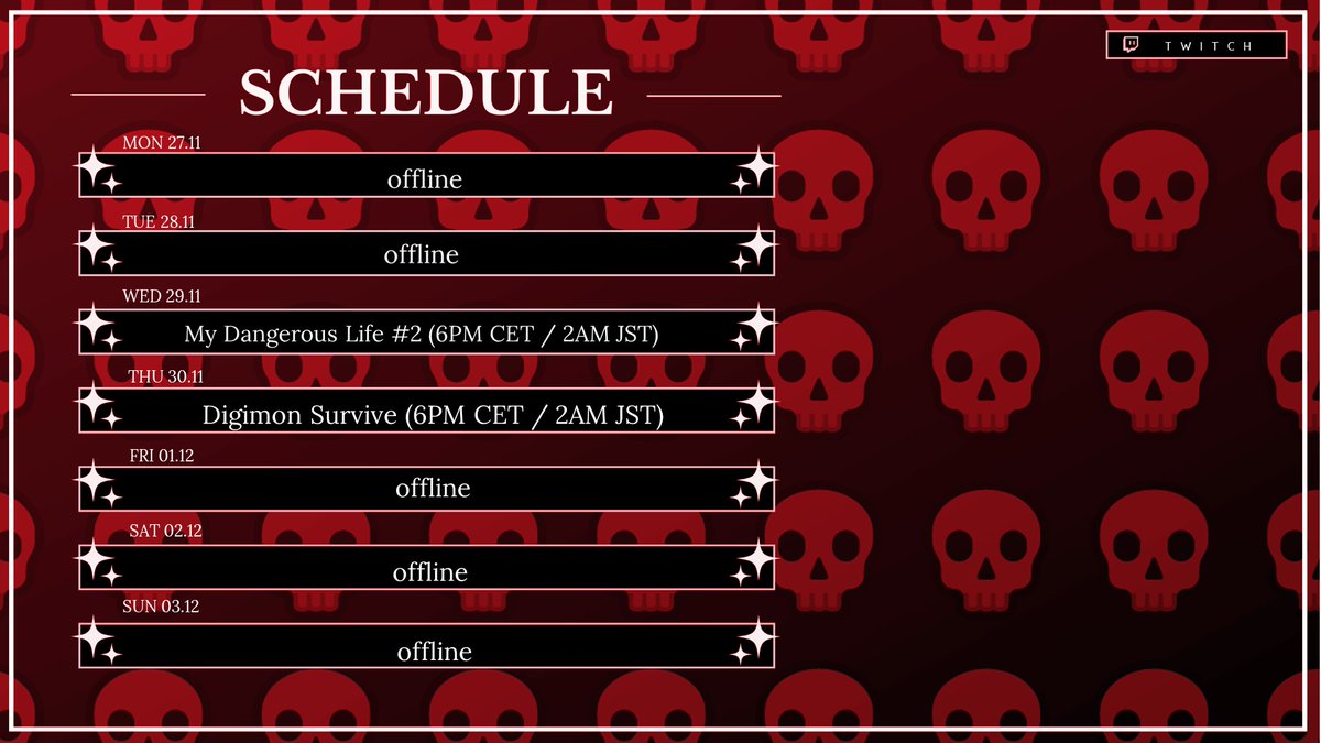 keicallahan's tweet photo. Next weeks #Schedule
I am so busy so I can only stream twice next week.
BUT we found a DIGIMON game to play wuhuuu
#Vtuber #Vtubers #ENVtuber #twitch #twitchstreamer #streamer #liver #digimon #boyslove #visualnovel #keios https://t.co/ugkmWFy7e6