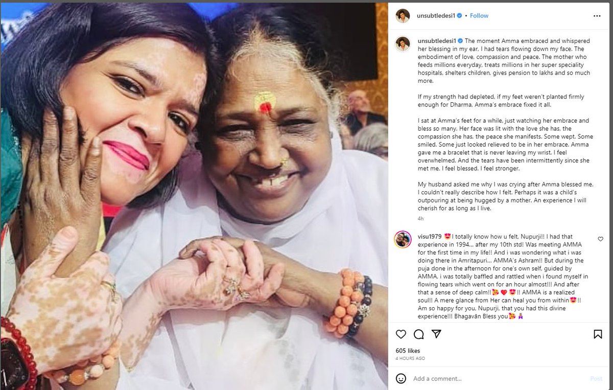 .<a href="/OpIndia_com/">OpIndia.com</a>'s Editor-In-Chief Nupur Sharma ji experienced the Divinity of Amma <a href="/Amritanandamayi/">Mata Amritanandamayi</a> ji! 

Now here lies the significance of our Hindu Saints!

Their guidance will help us establish the Divine #HinduRashtra, come what may!

Goosebumps!

#HinduRashtra #WHC2023