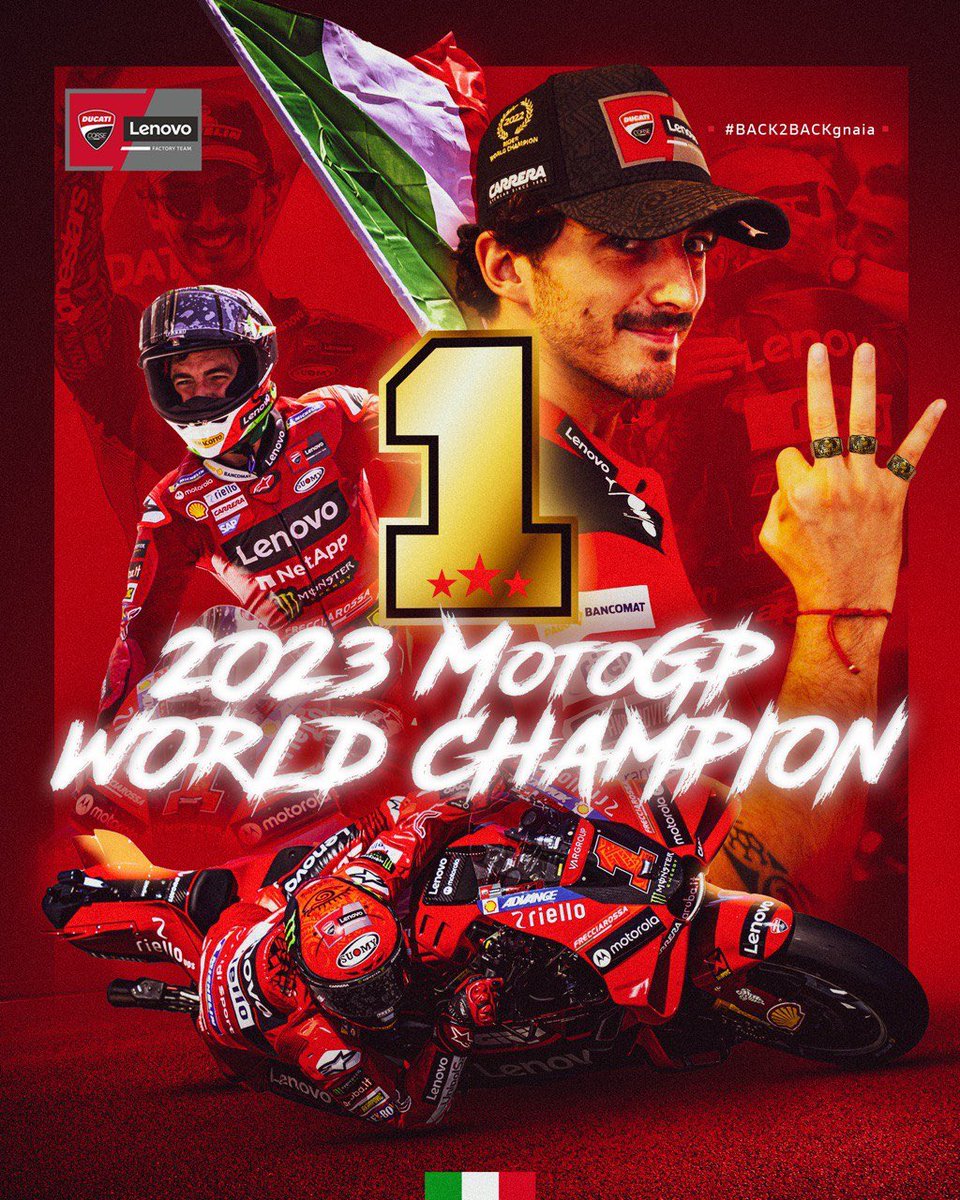 Pecco: Campioni del Mondo!
🏆 <a href="/PeccoBagnaia/">Pecco Bagnaia</a> is your 2023 MotoGP World Champion!
⭐️⭐️⭐️

The all-Italian duo of Francesco Bagnaia and the Desmosedici GP of the Ducati Lenovo Team, won the MotoGP World Title for the second consecutive year!

#ForzaDucati #BACK2BACKgnaia
