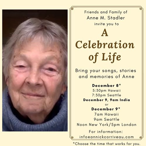 anilsachdev's tweet image. Please join friends and family of Anne M. Stadler to honor and remember her love of life and the human spirit
December 8*
5:30pm Hawaii
7:30pm SeattleDecember 9, 9am India
OR 

December 9*
7am Hawaii
9am SeattleNoon New York / 5pm London

 Zoom link**
us02web.zoom.us/j/81632260735