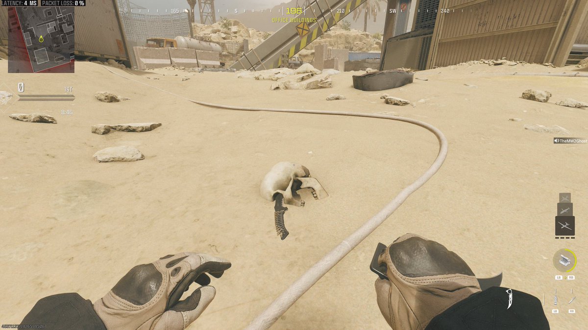 There’s an Easter Egg on Rust in Modern Warfare 3 for the original MW2 campaign ending where Soap finished Shepherd with a throwing knife straight to the eyeball.

You can find Shepherd’s skull with the knife in it chilling in the sand! 🔪

First spotted by <a href="/LucaBoechat/">Luca Boechat</a>!