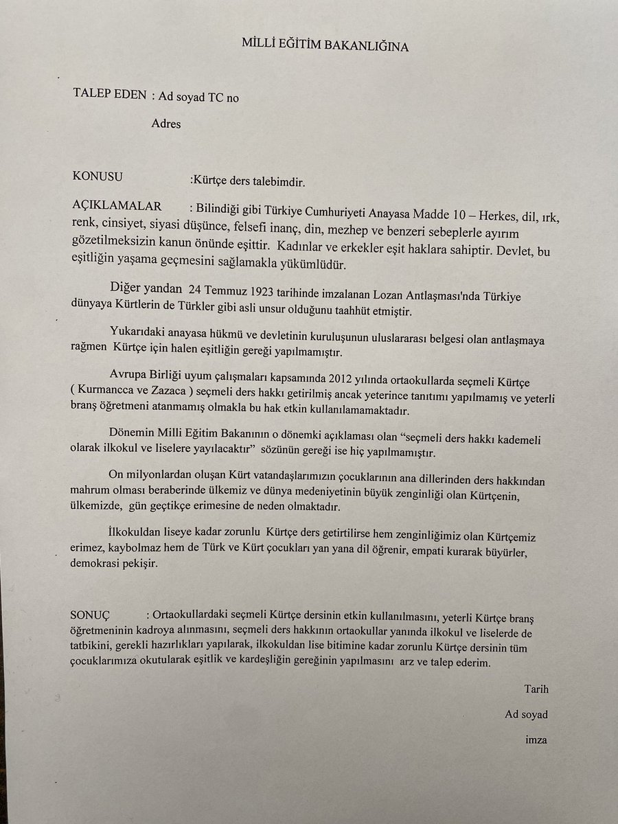 Ji bo daxwaza dersa Kurdî, em ji van daxwaznameyan bişînin. Kürtçe ders talebi için bu dilekçelerden ya Cimer üzerinden ya da postaneden iadeli taahhütlü gönderelim. #Kurdî #Kürtçe #DersaKurdî #Meşakurdî #HEZKURD #HezKurd @hez_kurd