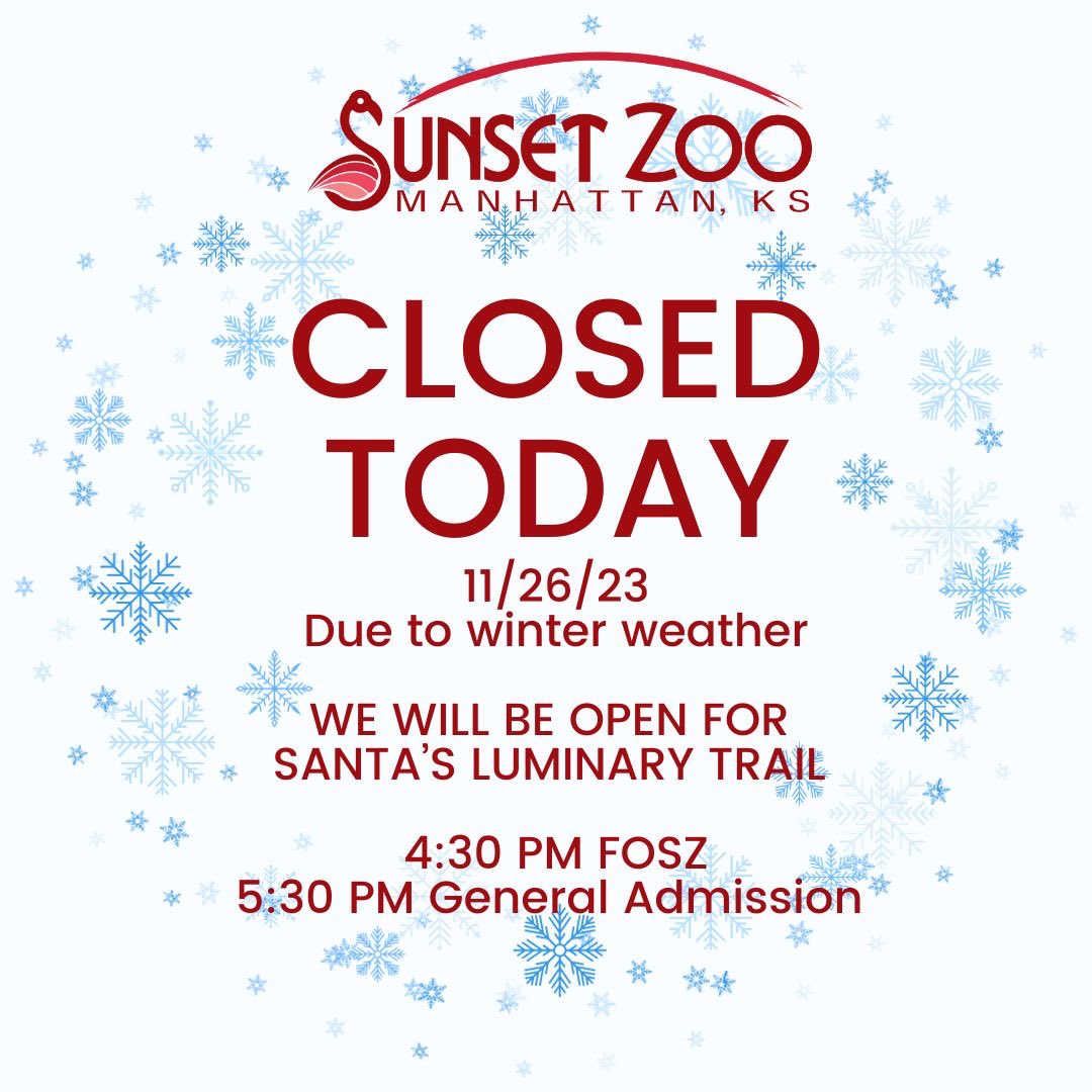 Sunset Zoo will be closed today, 11/26. Santa’s Luminary Trail will begin starting at 4:30 PM for FOSZ members and 5:30 PM for general admission.
