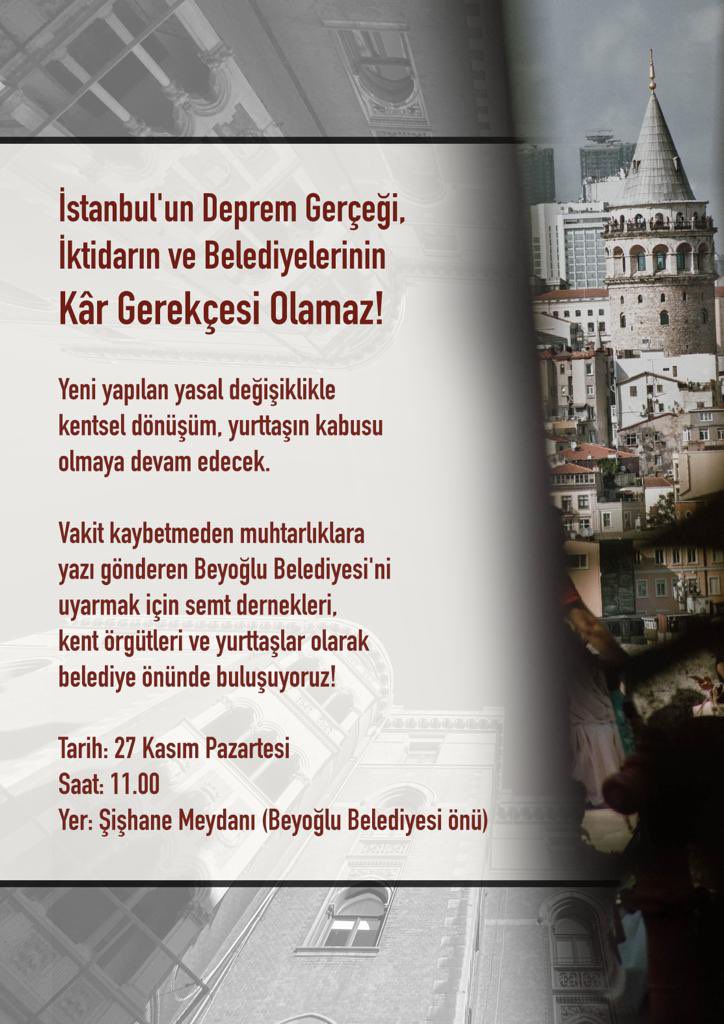 İstanbul’un deprem gerçeği, iktidarın ve belediyelerinin kâr gerekçesi 

Yarın ( 27 Kasım 2023, Pazartesi) saat 11:00'de Beyoğlu Belediyesinin önünde buluşuyoruz!