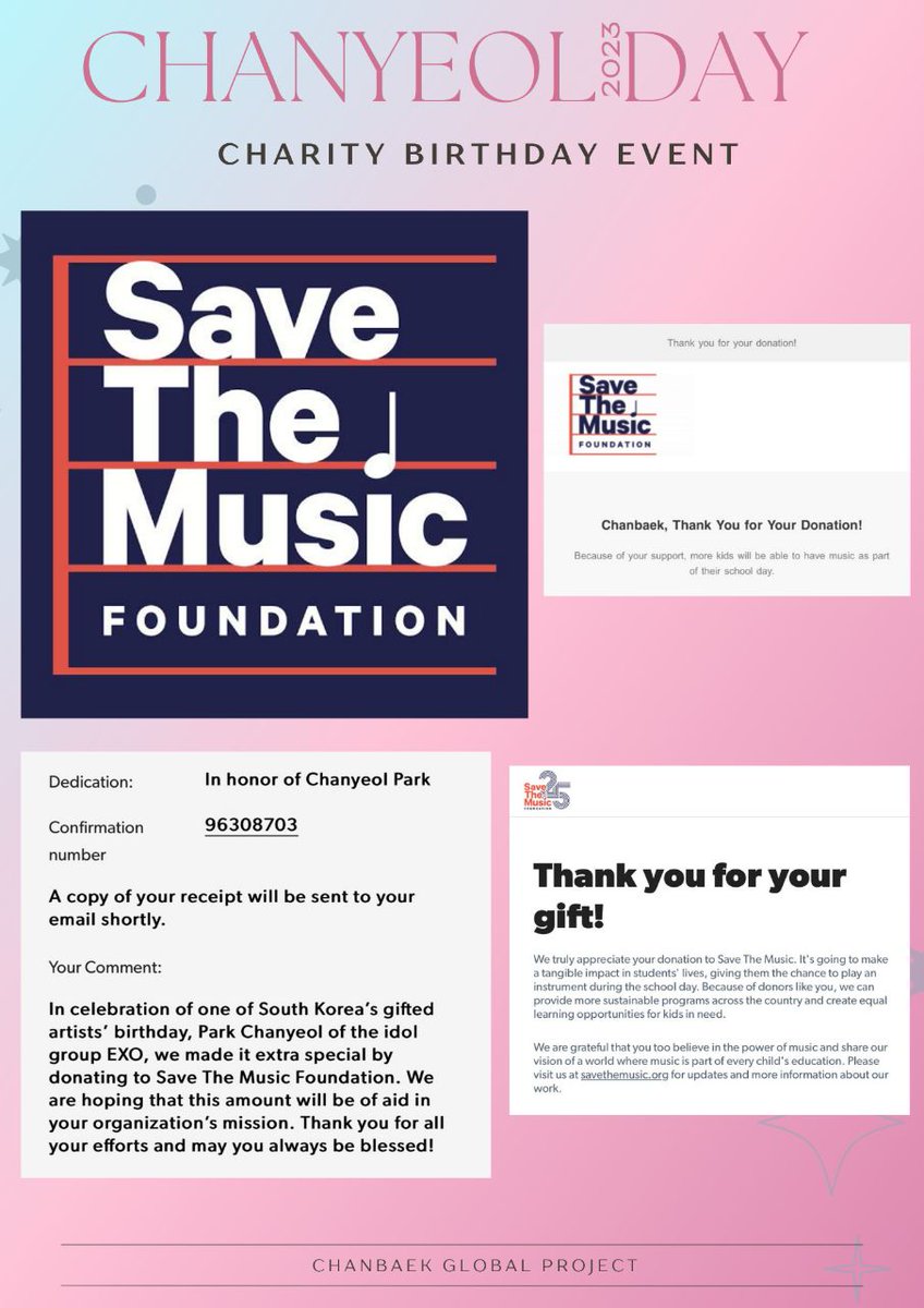 🎂#CHANYEOL DAY 2023 PROJECT A🎂 One of the best things that Chanyeol has gifted us is his music. These may have accompanied us through ups and downs or even on just plain days. 🍒 In celebration of #CHANYEOL ‘s birthday this year, we made it extra special by donating to