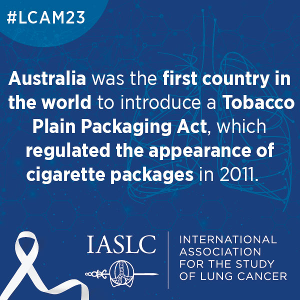 IASLC's tweet photo. Australia was the first country in the world to introduce a Tobacco Plain Packaging Act, which regulated the appearance of cigarette packages in 2011. #LCAM23 #LCSM https://t.co/qFqQ21mzN0