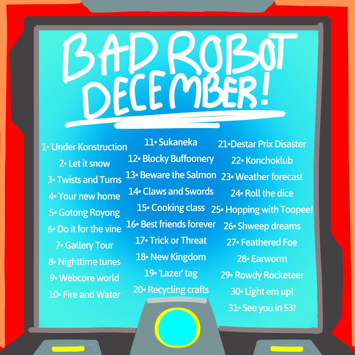 DoodsRambledoos's tweet photo. Made a lil thing for bad robot nation to do during December !
[Rules in thread]

#badrobotdecember2023 #mechamato https://t.co/MsxGgJq7Zw
