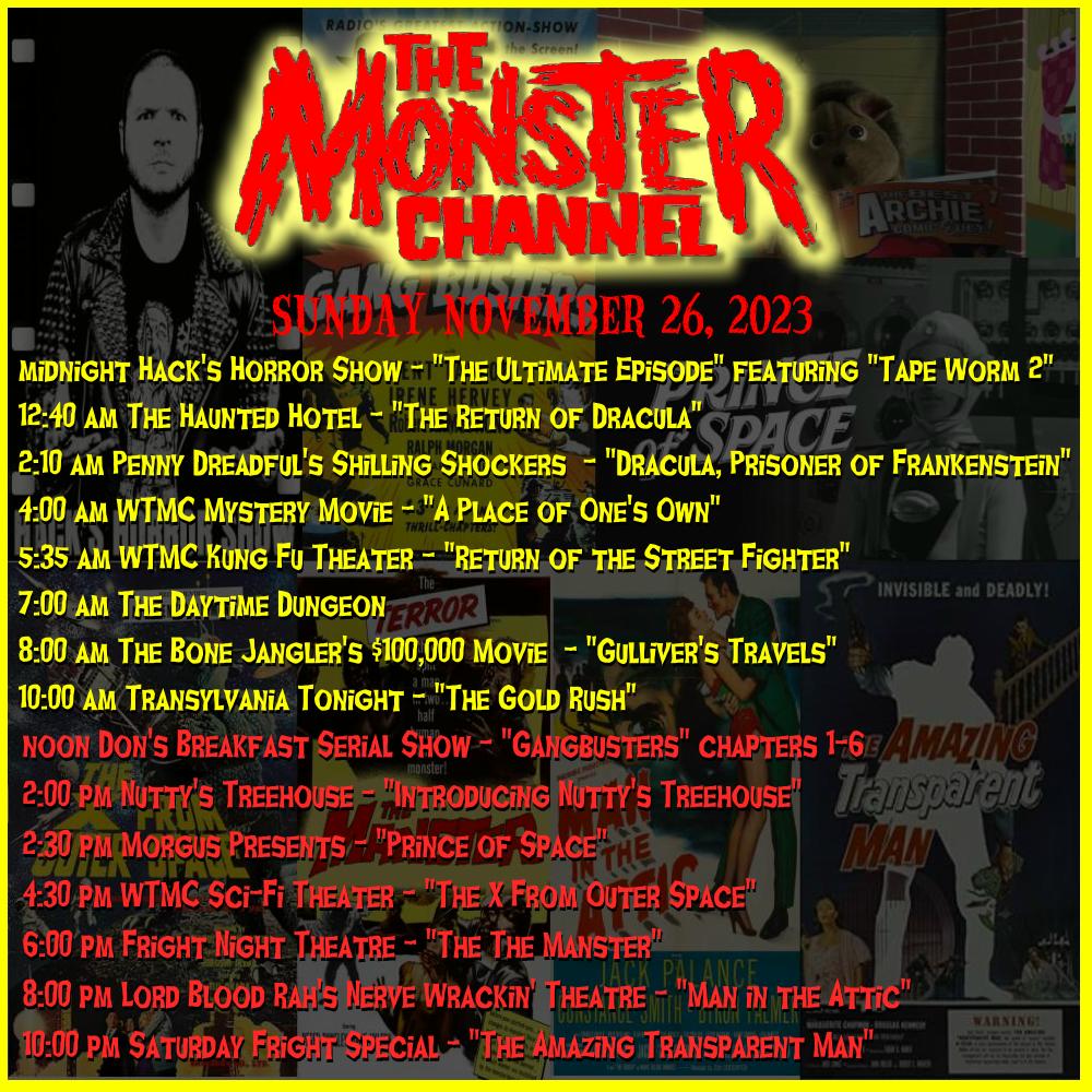 EerieLateNight's tweet photo. Today on The Monster Channel!
https://t.co/NvRAe8VnaE
#hackshorrorshow #donsbreakfastserialshow #nuttystreehouse #morgusthemagnificent #frightnighttheatre #lordbloodrah #saturdayfrightspecial https://t.co/zi72fjgkml