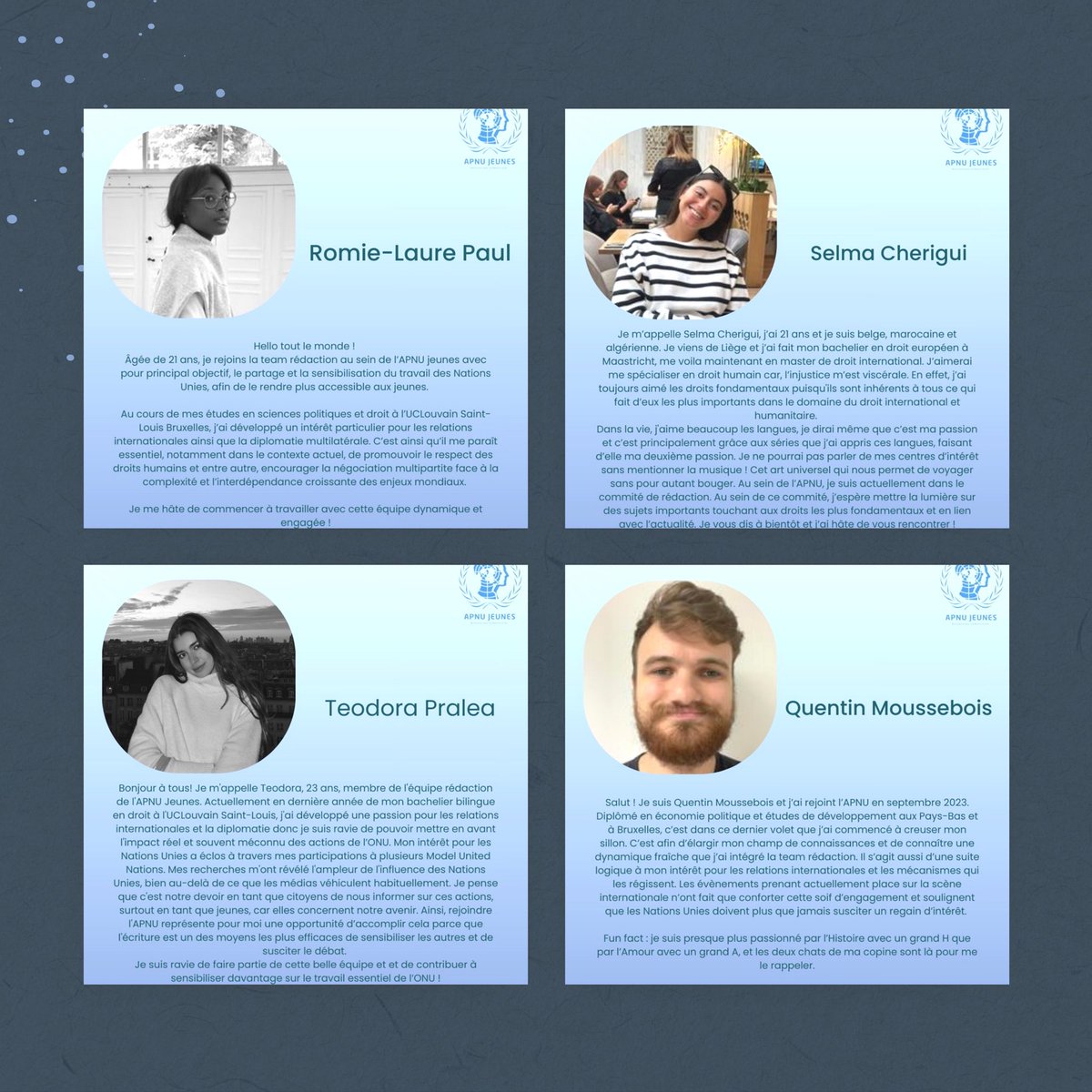 ✍🏼 En enfin voici notre team rédaction 🖋️ ainsi que la présentation du reste des nouveaux membres !

#AssociationPourLesNationsUniesJeunes #APNU <a href="/BelgiqueApnu/">APNU Belgique</a> #UnitedNations #ONU