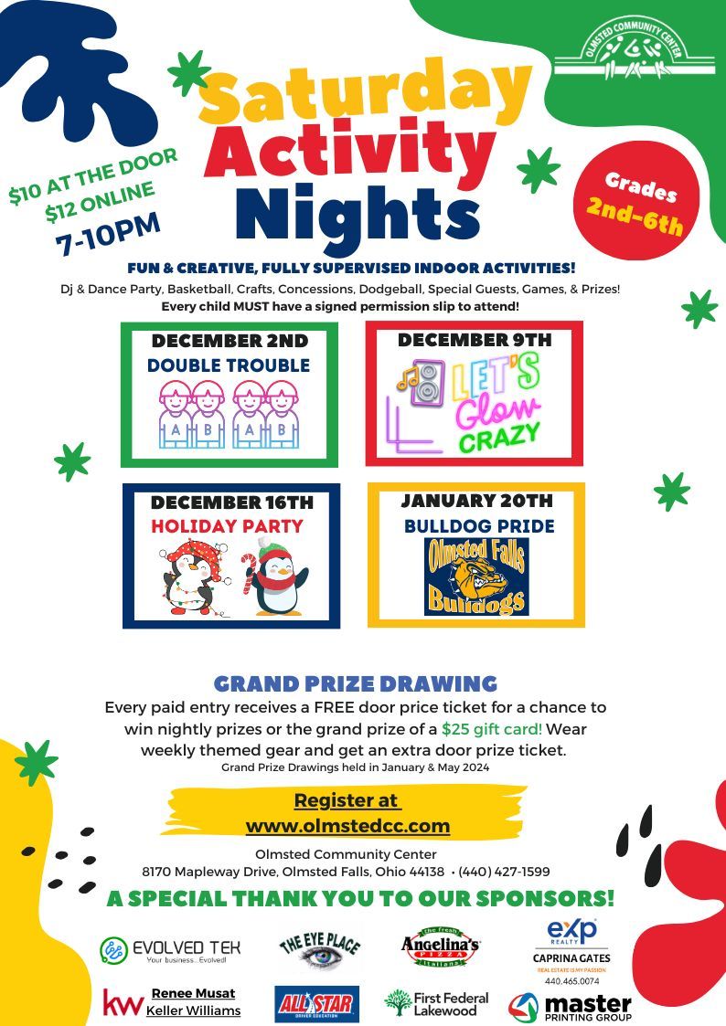 Check out our Saturday Activity Night Themes for December, you can register online or at the door! Don't forget to bring a friend on December 2nd for our DOUBLE TROUBLE theme! 

Register here: buff.ly/47BZ9Mo Fill out your annual waiver here: buff.ly/3MkHWi3
