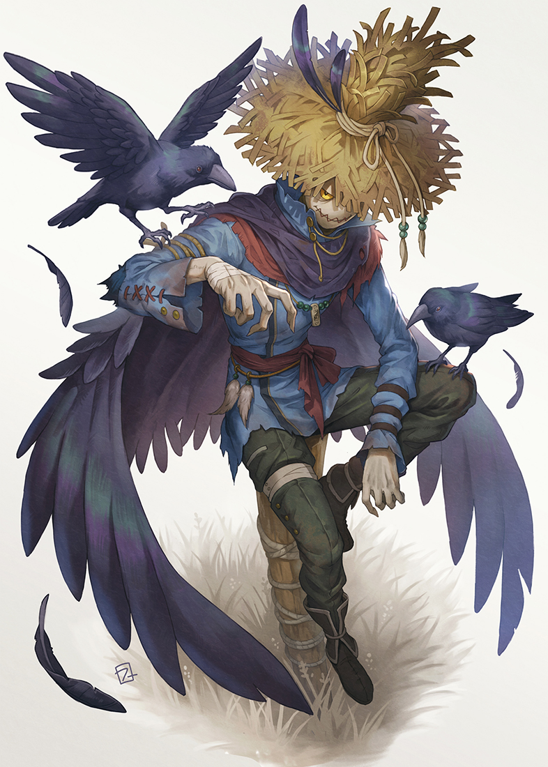 hat 1boy male focus bird feathers straw hat sitting  illustration images