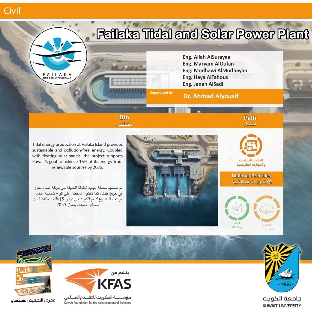 ETAC_ENG's tweet photo. مشروع
Failaka Tidal and Solar Power Plant

🟠الهندسة المدنية🟠
كلية الهندسة والبترول - جامعة الكويت - معرض التصميم الهندسي CE02

#صنع_في_جامعة_الكويت https://t.co/ldCgkujFLC