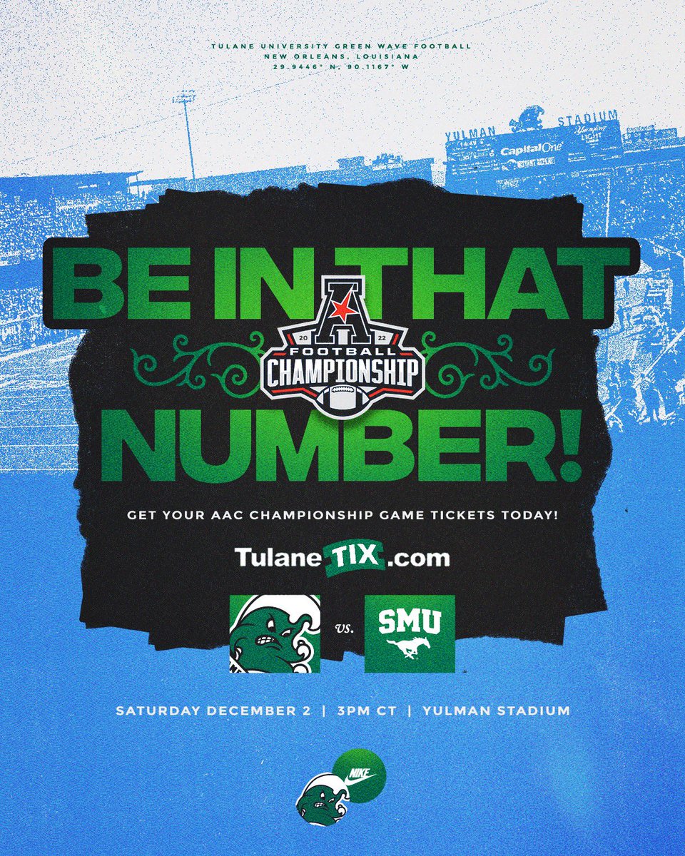 GreenWaveFB's tweet photo. It’s time to #BeInThatNumber! Tickets to the @American_Conf Championship Game are on sale now!

Head to https://t.co/PIW7zOHVEI and secure your seats before they are gone! 

#RollWave | #NOLABuilt https://t.co/aJjWi31Eyc