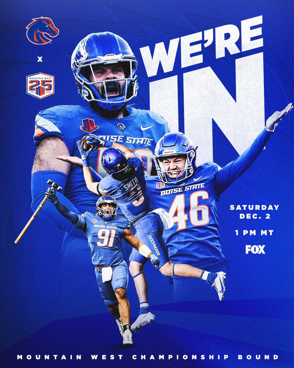 We're 𝙄𝙉. 🔵🟠 The Broncos are headed to Las Vegas for the Mountain West Championship! 🆚 UNLV 📍 Allegiant Stadium 🗓️ Saturday, Dec. 2 ⏰ 1 p.m. MT 📺 FOX #Compete | #BleedBlue