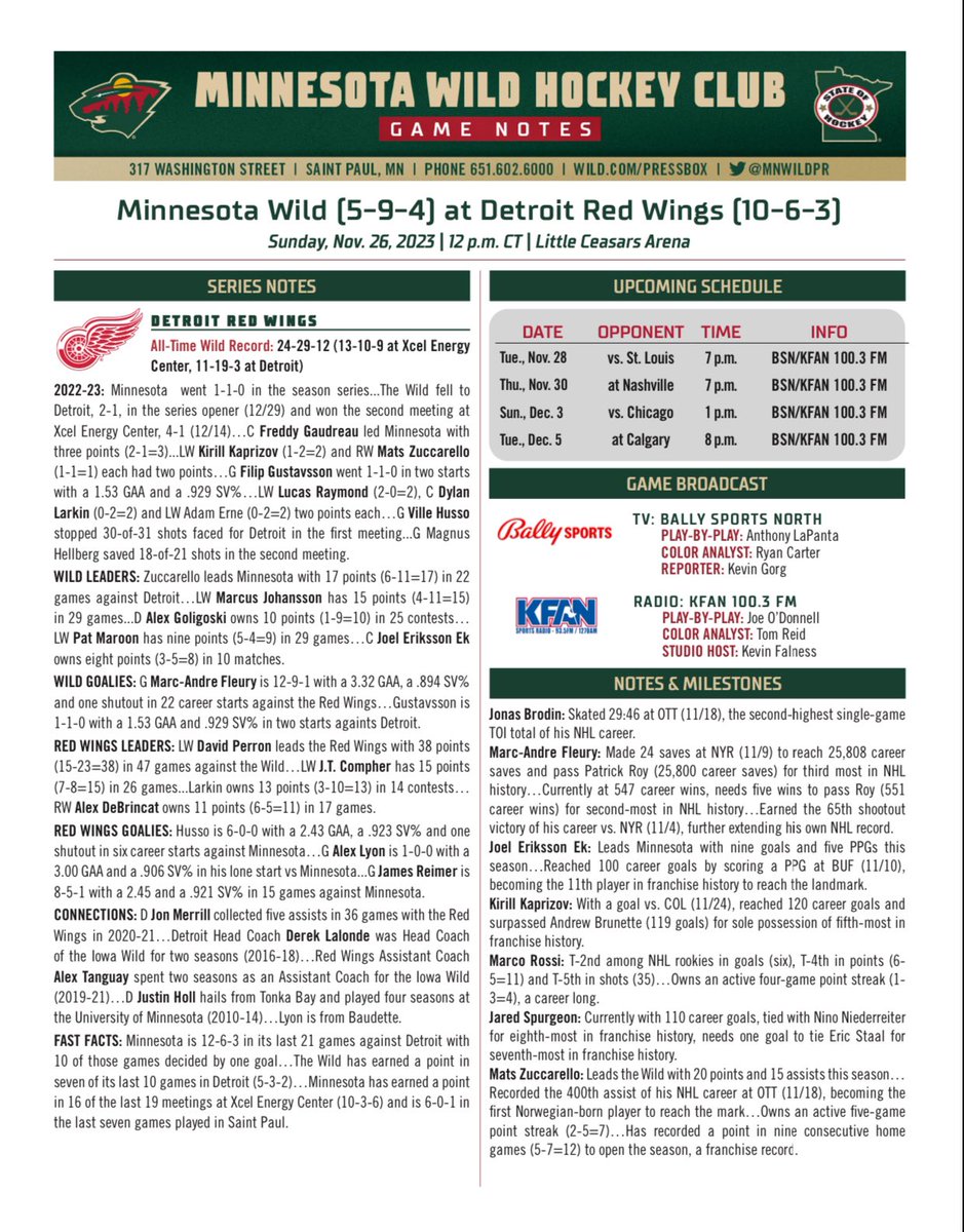 Here are notes for today’s #mnwild game against Detroit at 12:00 p.m. on @BallySportsNOR and @KFAN1003: rb.gy/gffnte